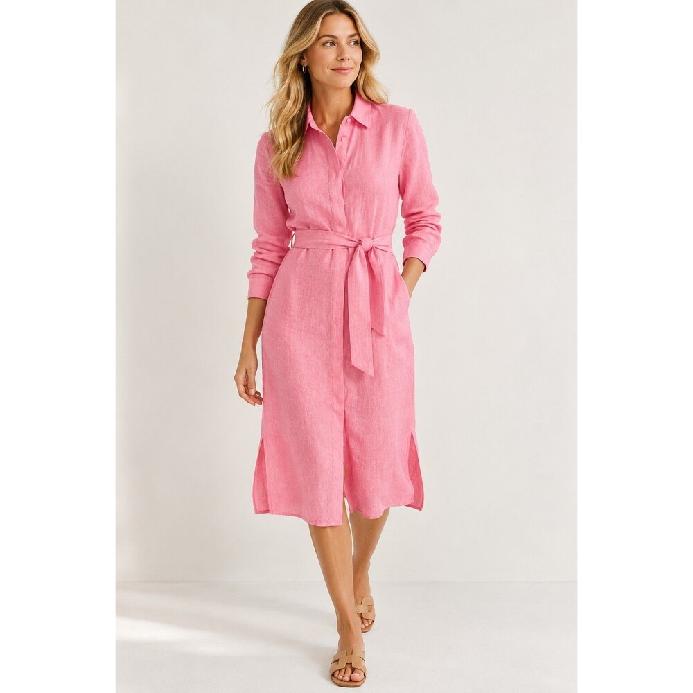 J McLaughlin Orla Linen Shirt Dress Womens M Pink Belted Button Front Midi